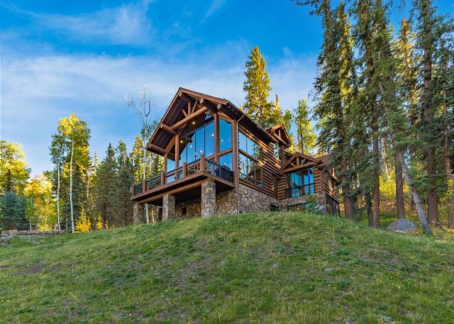 Log cabin with large glass windows on a grassy hill, surrounded by pine trees in a forest setting.